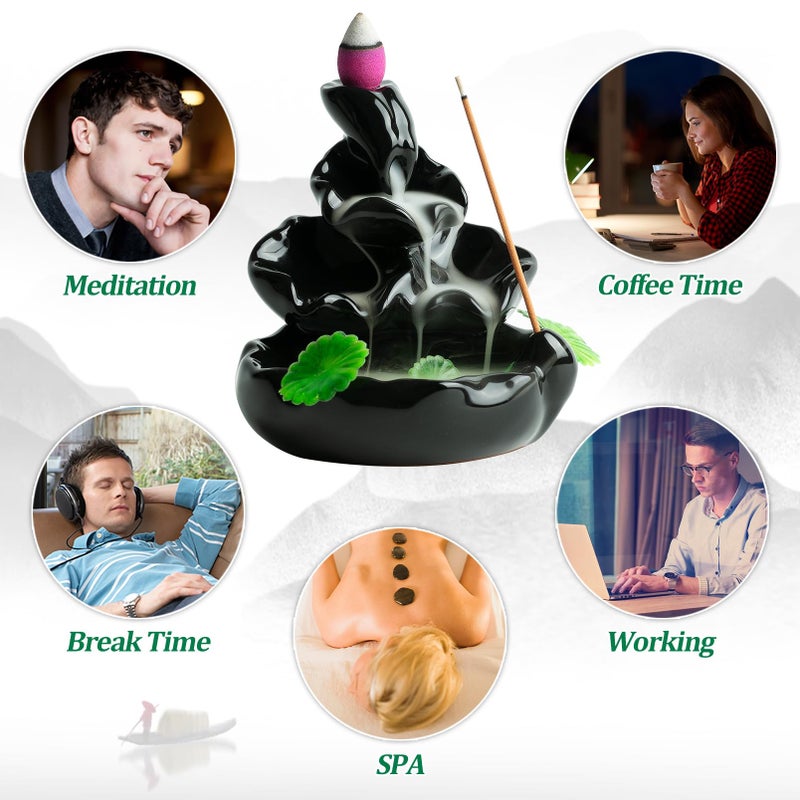 VVMONE Cute Ceramic Backflow Incense Holder Waterfall Incense Burner with 48 Incense Cones and 30 Incense Stick, Incense Fountain for Home Decor, Desk Decor(Black) - Image 3
